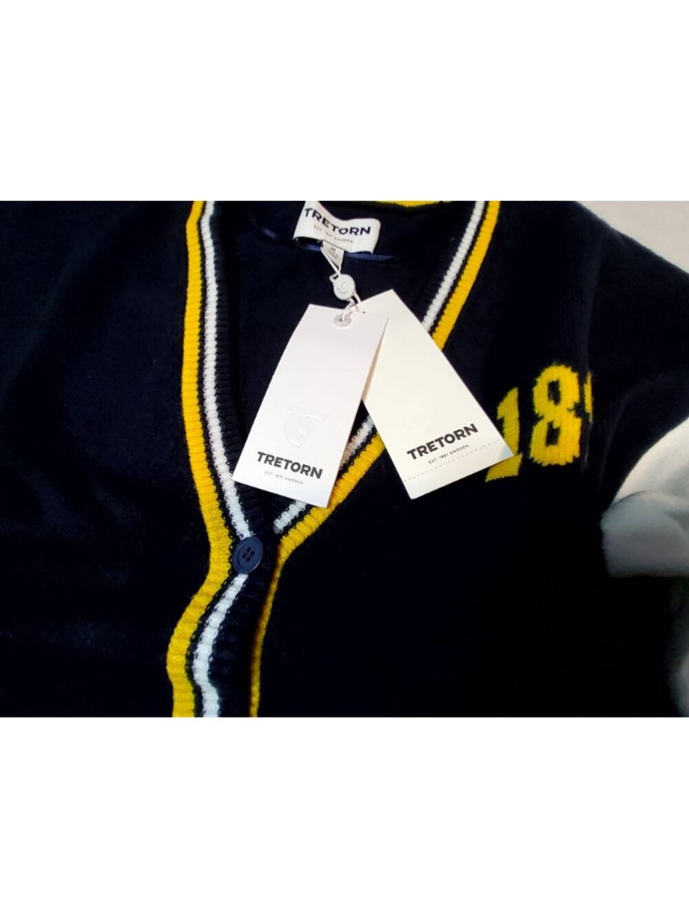 Tretorn Navy & White Varsity Style Cardigan With Yellow Stripe Accents Medium - Picture 9 of 11